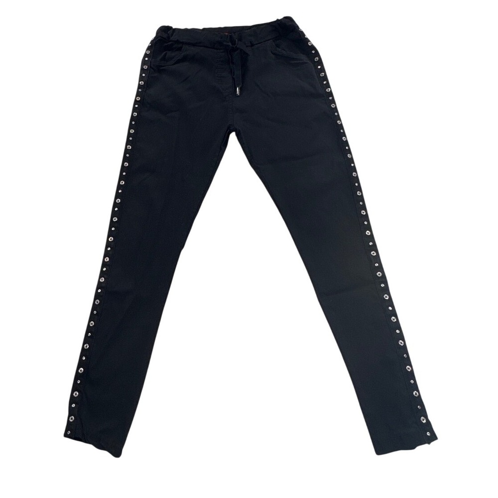Centouno Pants Women Black Grommet Studded Drawstring Slim Leg Made In Italy